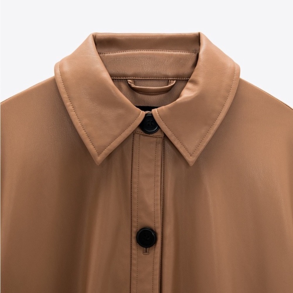 Zara Women’s Camel Faux Leather Belted Oversized Shirt Size Small! - Picture 6 of 13